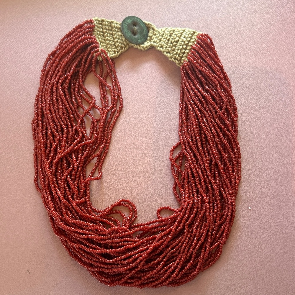 Multi-Strand Red Seed Bead Necklace with Crochet Clasp